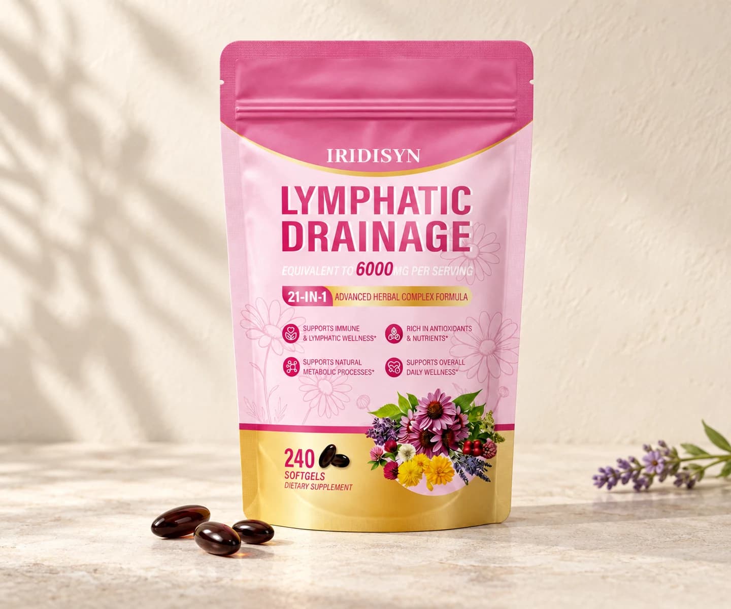IRIDISYN softgels in a minimal sunlit setting
