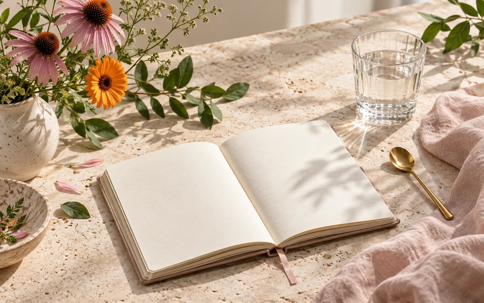 An open journal, water, and fresh botanicals in warm morning light