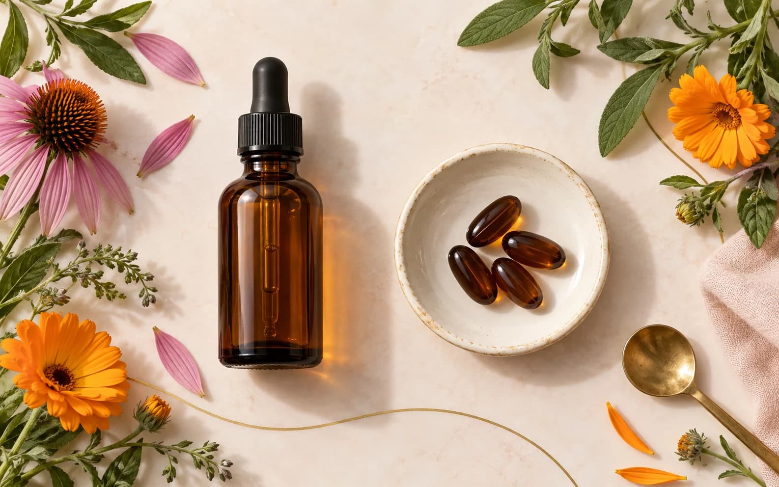 An unlabeled amber dropper bottle beside softgels and botanicals